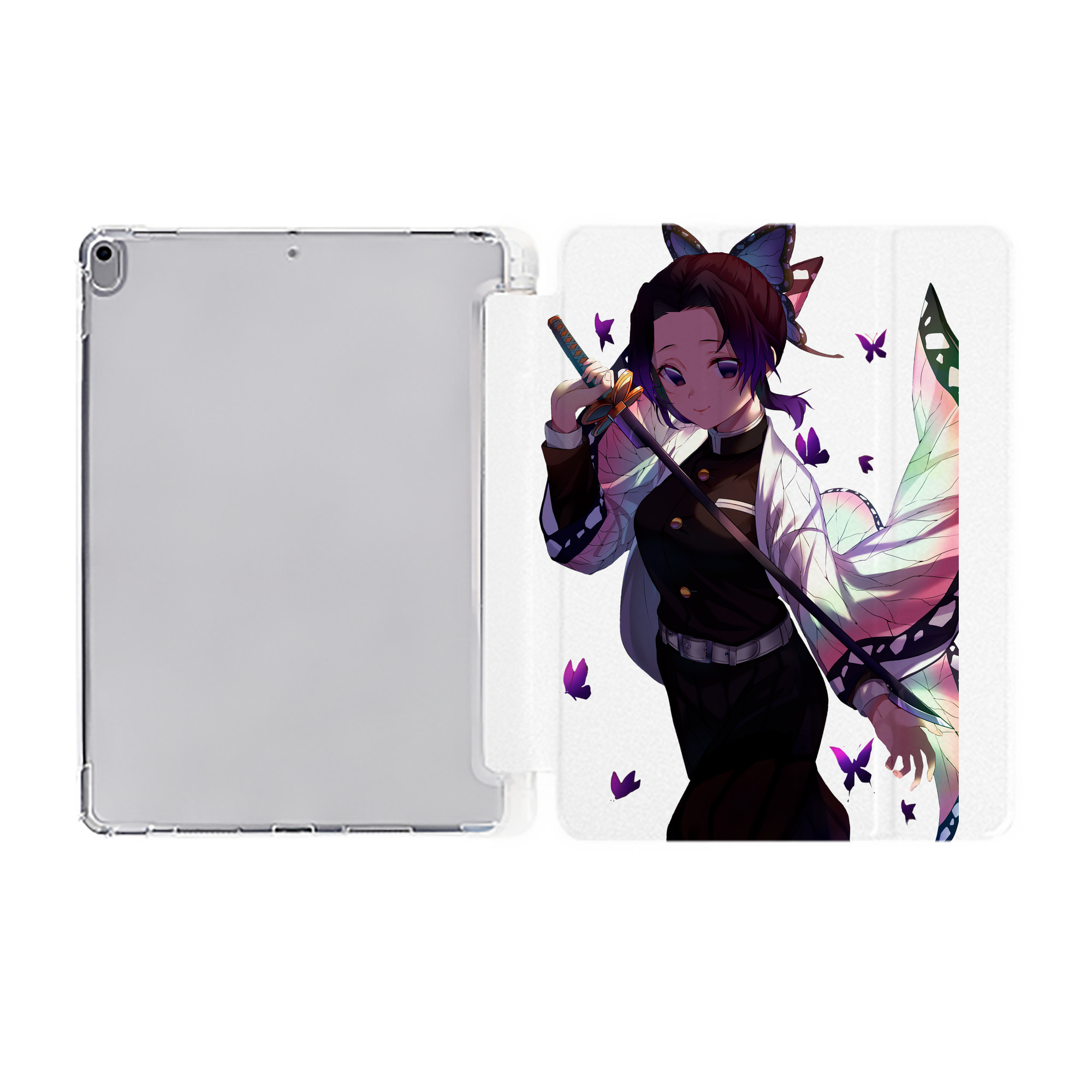 （画像用） 鬼滅の刃（きめつのやいば）蟲柱-胡蝶 しのぶ／こちょう しのぶ Kochou Shinobu IPad ケース ペン収納付き 三つ折りスタンド PUレザー×シリコン 対応機種9.5/10.5/10.9インチ